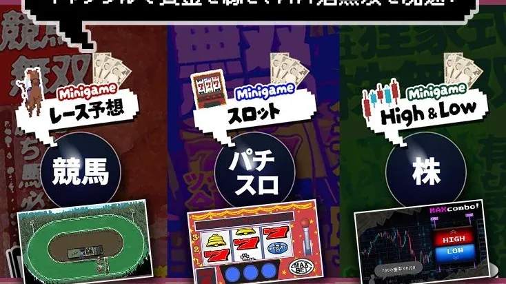 爸爸活无双/パパ活無双：原案例自带三种虚构资金小游戏介绍：赛马预测、老虎机、High&Low图表，无性内容；仅游戏识别不提供现实投注投资建议。
