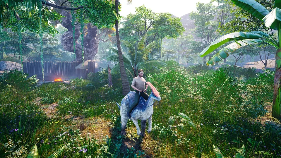 驯兽师：恐龙之王：林间人物骑蓝色有冠坐骑的案例画面，无完整操作HUD